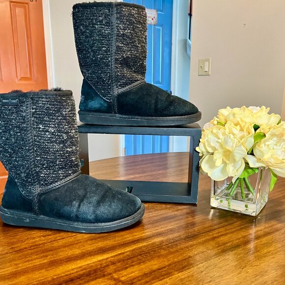 Minnetonka Suede & Tweed Genuine Sheepskin & Wool Lining Black Boots Size 7 - Picture 2 of 7